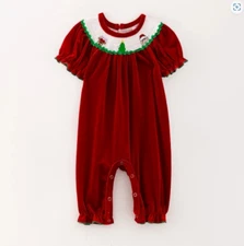 NEW Boutique Christmas Santa Smocked Baby Girls Velvet Romper Jumpsuit