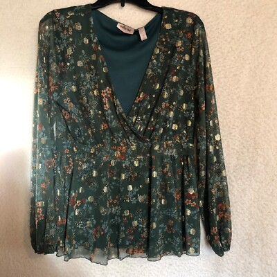 Willow- root Womens L Green Top Gold color threading Sheer Lined Long Sleeve