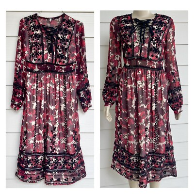 TOPSHOP Embroidered Midi Dress Size 6 Floral Crochet Lace Boho Bishop Dress 