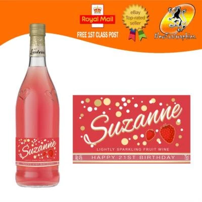 PERSONALISED LAMBRINI STRAWBERRY BOTTLE LABEL BIRTHDAY ANY OCCASION GIFT