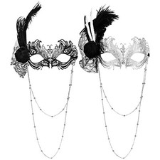 Women's Feather Masquerade Mask Flowered Venetian Party Ball Mask with Chain