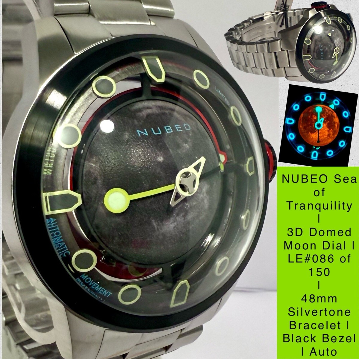 48mm 3D Moon TRANQUILITY Black Bezel Slvrtn Bracelet LE#086/150