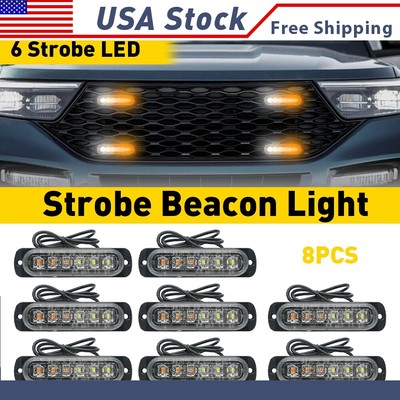 8X Amber/White Car Truck Beacon 6LED Warning Hazard Flash Strobe Light Lamps P