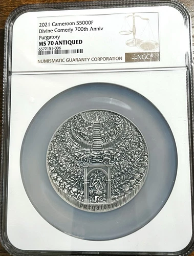 2021 5 Oz Silver 5000 Francs Cameroon The Divine Comedy PULGATORIO NGC MA70 Antq