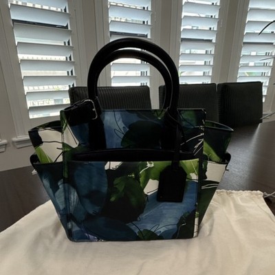 Reed Krakoff Green Blue Floral Satchel Top Handle Zipper Tag Accent