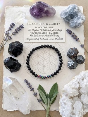 Grounding & Clarity Energy Bracelet Black Obsidian & Rainbow Hematite Accent 6MM