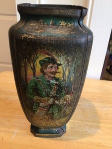 Vintage   Antique Robin Hood his Merry Band  Tin Vase Made In England 10”