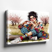 Boho Girl Heart Gesture Canvas Wall Art Colorful Floral Fashion Decorative Print