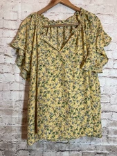 Max Studio Top Womens 2X Yellow Ditsy Micro Floral Ruffle Flutter Sleeve Boho