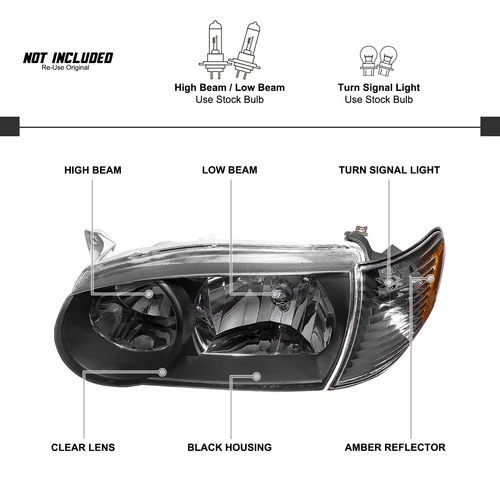 4pcs Fit 2001-2002 Toyota Corolla Black Headlight+Corner Signal Lamp Left+Right - Foto 5 di 14