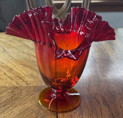 Blenko Red Crackle glass / Red With Gold Accent  8 Inches tall