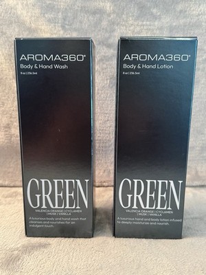 AROMA360 GREEN Body Wash & Hand Lotion Valencia Orange Cyclamen Musk Vanilla 8oz