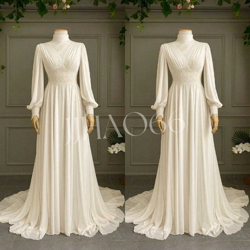Muslim Chiffon Wedding Dresses White Long Sleeves A Line High Neck Bridal Gowns - Image 3 of 4