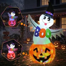 6 FT Halloween Inflatable Ghost Pumpkin with Witch Hat  Boo Sign