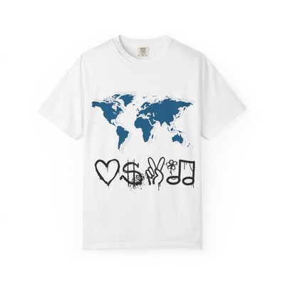 World Map Icons Love Money Peace Music T-Shirt | Global Symbols Tee