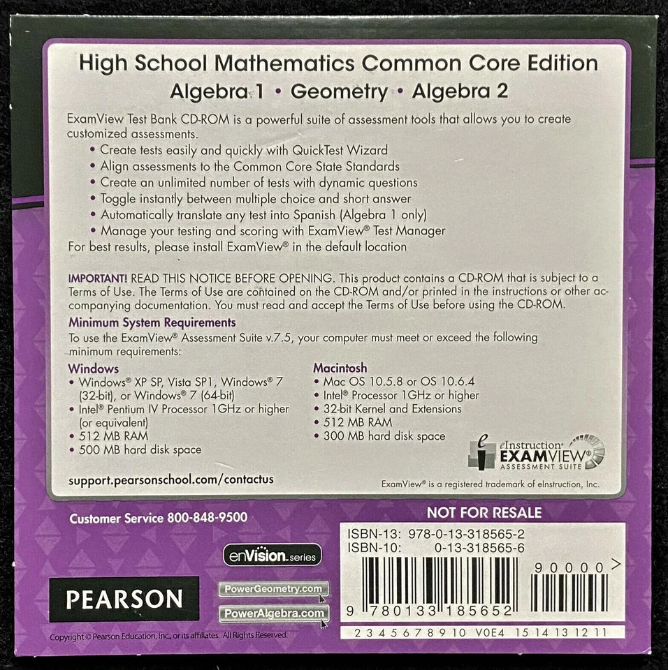EXAMVIEW TEST BANK - Algebra 1 & 2 and Geometry - TEACHER'S EDITION - CD-ROM - Image 2 of 4