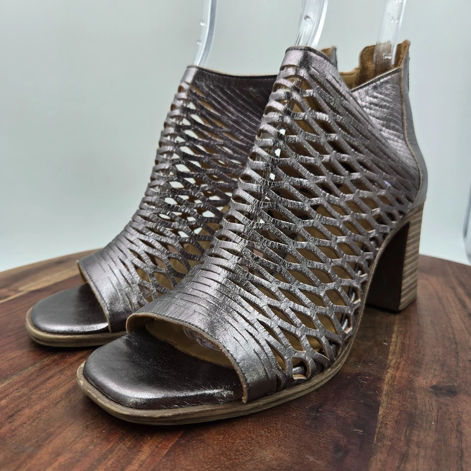 Sandalias Bueno Joey para mujer 38/7,5 cuero plateado enjaulado tacón abierto botines cremallera Foto 4 de 4