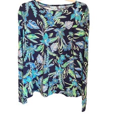 Lands End Size L 14-16 Long Sleeve UPF 50 Rash Guard Top Navy Tropical Floral