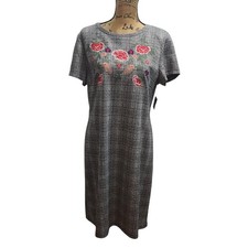 Nine West Plaid Sheath Dress Embroidered Floral Short Sleeve Midi Womens 14