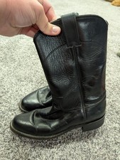 VTG JUSTIN Roper Style Western Boots L3057 Youth 5.5 Black Made In USA
