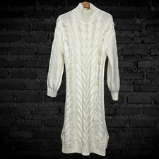 Farm Rio Jumper Dress XS Off White Fringed Cable Knit Midi Long Sleeves RRP £238