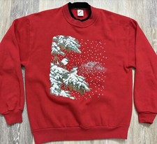 Vintage JERZEES Holiday Snow Sweatshirt Large 90s Embossed Winter Birds Cabin
