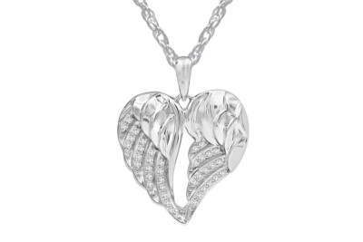 1/6 Ct Round Diamond in Feather Heart Style Pendant Sterling Silver 925