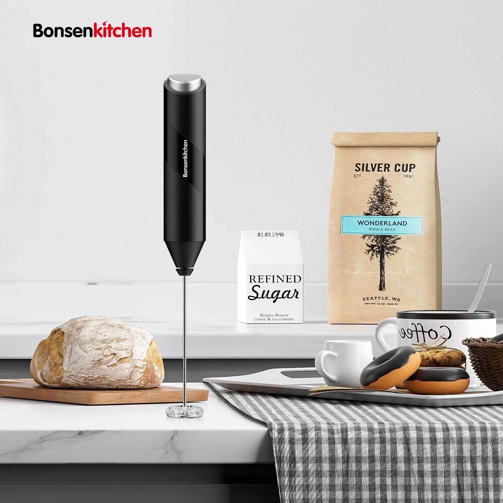 Bonsenkitchen Milk Frother Handheld Electric Foam Maker with Stainless