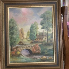Antique Church Landscape River Oil Painting 25x21” Autumn Americana