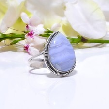 Natural Blue Lace Agate Gemstone 925 Sterling Silver Ring Handmade Jewelry Gift.
