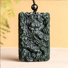 Certified Natural Dark Green HeTian Nephrite Jade Carved Dragon Pendant Necklace