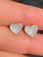 14k Gold Plated 925 Silver Heart Shaped Earrings Studs CZ Ladies Girls Aretes