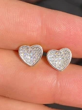 14k Gold Plated 925 Silver Heart Shaped Earrings Studs CZ Ladies Girls Aretes