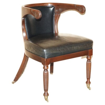 ANTIKER ORIGINAL REGENCY 1815 SCHWARZ LEDER MAHAGONI HUFEISEN BÜRO SCHREIBTISCHSTUHL