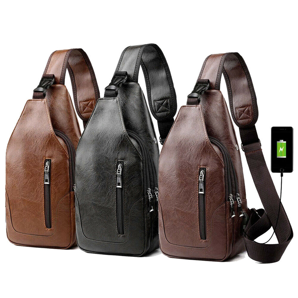 Men Sling Bag PU Leather Chest Bag Backpack Crossbody Shoulder Pack Travel
