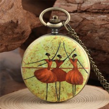 Vintage Classic Antique Ballet Dancer Women Quartz Pocket Watch with Necklace
