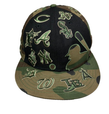 New Era Cap MLB All Over Team Logos 59Fifty Baseball Fitted Hat Size 8 Rare