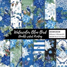 Blue Floral Scrapbook Paper 12x12 Double Sided - 24 Watercolor Bird