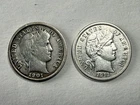 2 High Grade 10C Barber Dimes 1901 EF 1913 AU Very Sharp Detail Shining Silver