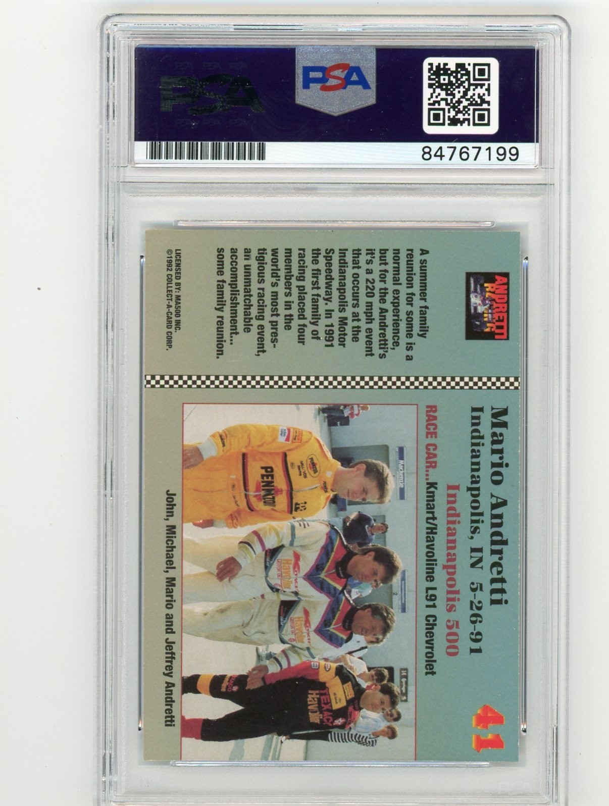 MARIO ANDRETTI 1992 Andretti Racing #41 Signed AUTO Card PSA DNA Certified F1 view 2