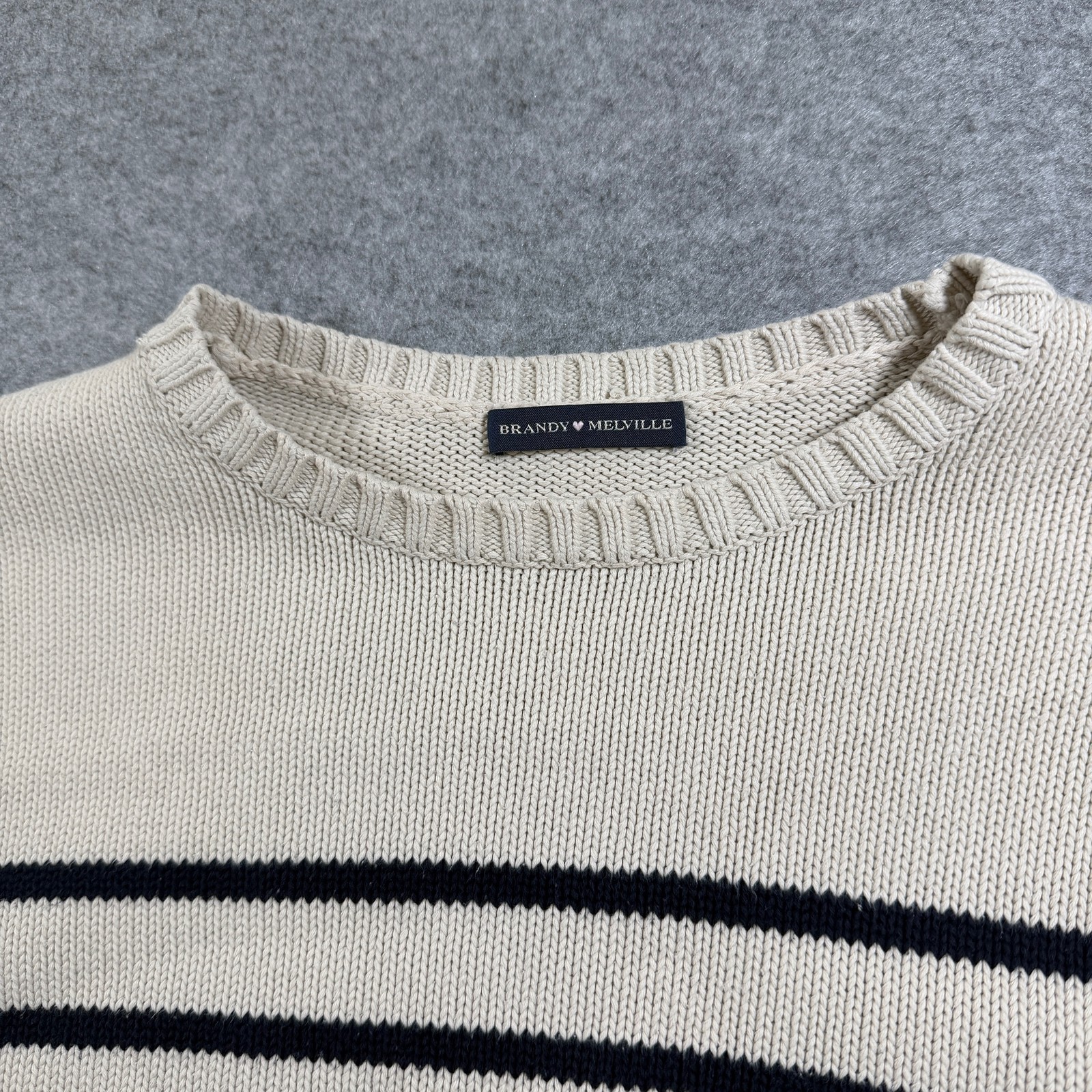 Brandy Melville Sweater Womens Cream Navy Striped Cotton Crew Neck Relaxed Fit thumbnail 3