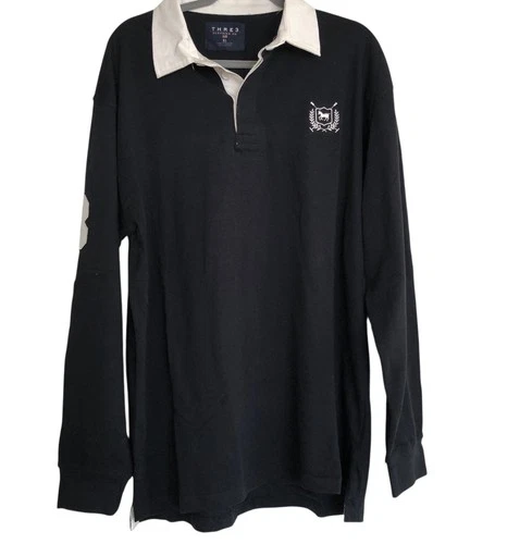 Thre3 Polo Rugby Shirt Mens XL Black Cotton Embroidered Horse Crest Pullover New