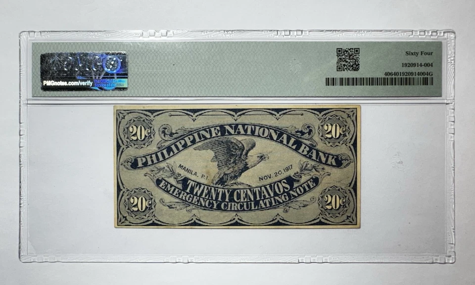 1917 PHILIPPINES NATIONAL BANK NOTE 20 CENTAVOS PMG CH UNC 64 - Image 2 of 2