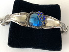 Vintage Glass Big Gem Blue Rhinestone Silverplate Chunky Ornate Bracelet AS IS — photo 1