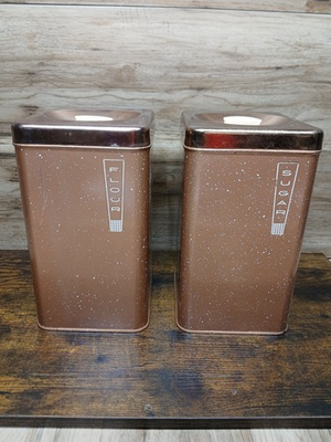#ad Vintage MCM Lincoln Beautyware Metal Canister Sugar Flour Copper Orange Color $35.00