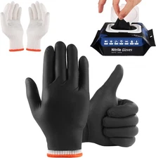 BBQ Gloves 50 Disposable Nitrile with 2 Reusable Cotton Liners Heat Resistant XL