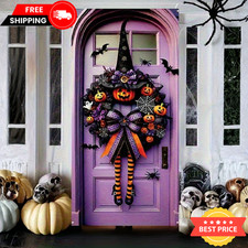 Halloween Door Cover Banner Witch Wreath Spooky Purple Front Decor Hanging 71x35