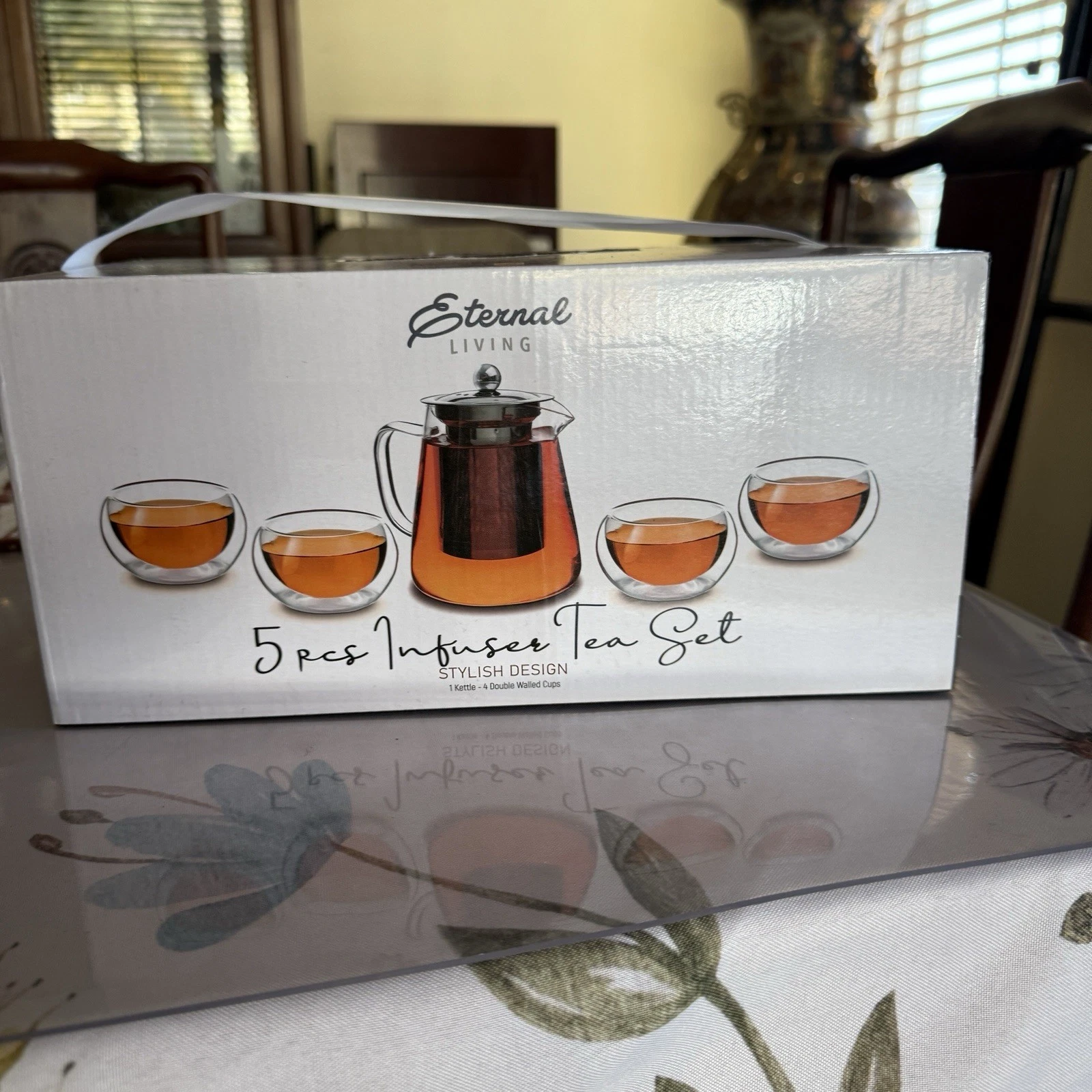 Eternal Living 5 PCS Infuser Tea Set: 1 Kettle 15 oz, 4 Doubled Walled Cups 5 oz