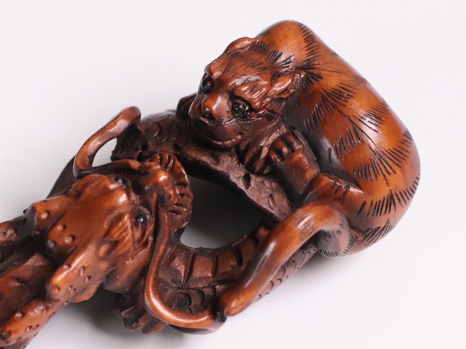 Japanese Wood Carving Dragon&Tiger Netsuke 2.24inch Ojime Figurine By Yamaguchi