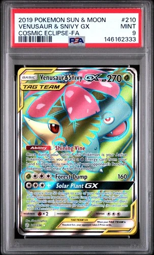 2019 POKEMON SUN & MOON COSMIC ECLIPSE #210 FULL ART/VENUSAUR & SNIVY GX PSA 9
